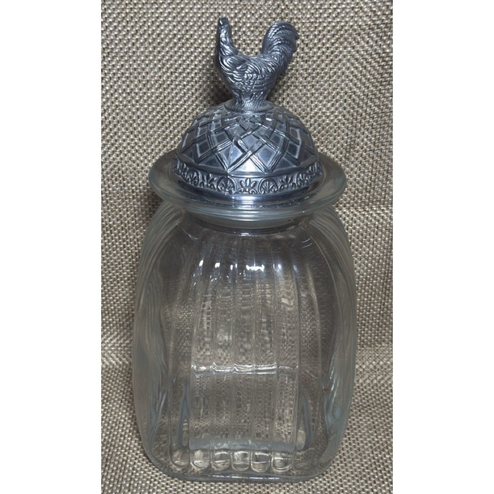 Vtg Artland Rooster Canister 13" Clear Ribbed Glass Pewter‎ Farmhouse Chicken